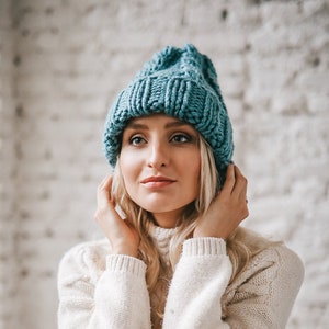 Hand Knit Beanie Hat, Chunky Knit Hat, Winter Hat, Oversized Hat, Knitted Hat, Turn Up Beanie, Slouchy Hat, Wool Slouch Hat, Cuffed Beanie