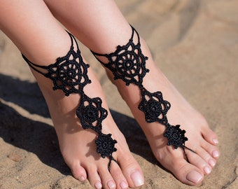 Crochet Black Barefoot Sandals, Foot jewelry, Bridesmaid gift, Barefoot sandles, Beach, Anklet, Wedding shoes, Beach Wedding, Summer shoes