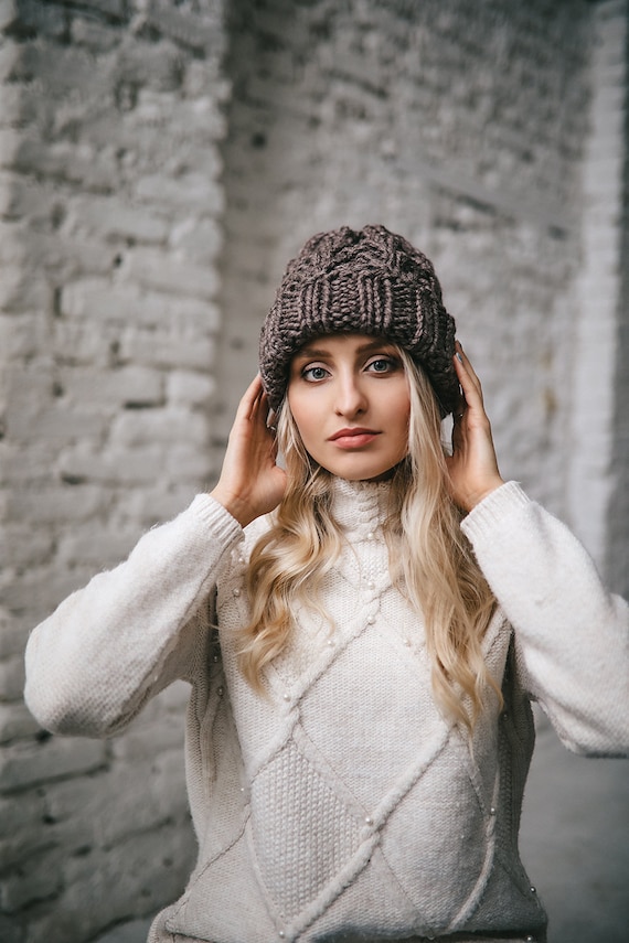 Hand Knit Beanie Hat, Chunky Knit Hat, Winter Hat, Oversized  display picture 2