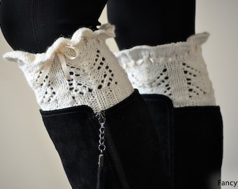 Hand Knitted Crocheted Off-White Leg Warmers, Winter Legwarmers, boot cuffs,boot socks, Knit Accessory, Winter Accessories