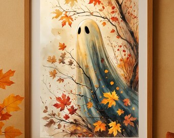 Halloween Ghost Vintage Autum Wall Art in Watercolour