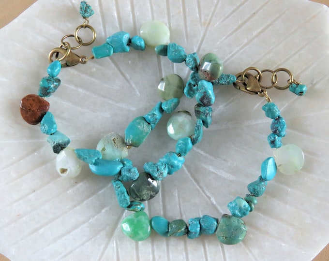 B4145 Turquoise Nugget /& Chrysoprase Teardrop Gemstone Bracelet Green Blue Bead Lobster Clasp Extender Boho Choose Stack