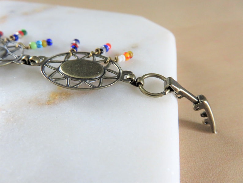B455 Unique Filigree Glass Fringe Link Bracelet Vintage Oval Mod White Colorful Design Gold Seed Fold Over Boho Gypsy Cutout Dangle Fun Mix