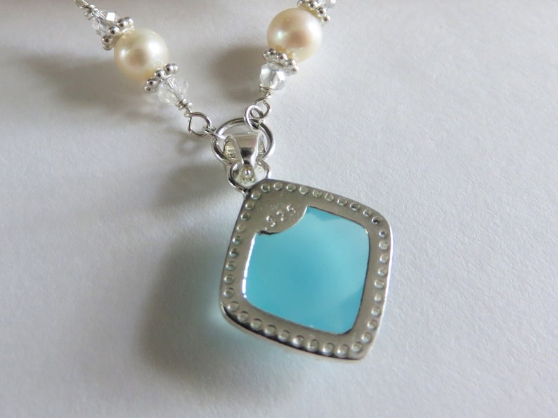 N554 Sterling Silver Chalcedony /& Freshwater Pearl Pendant Necklace; Wire Wrapped Bead Links; Translucent Faceted Blue Purple; Adjustable