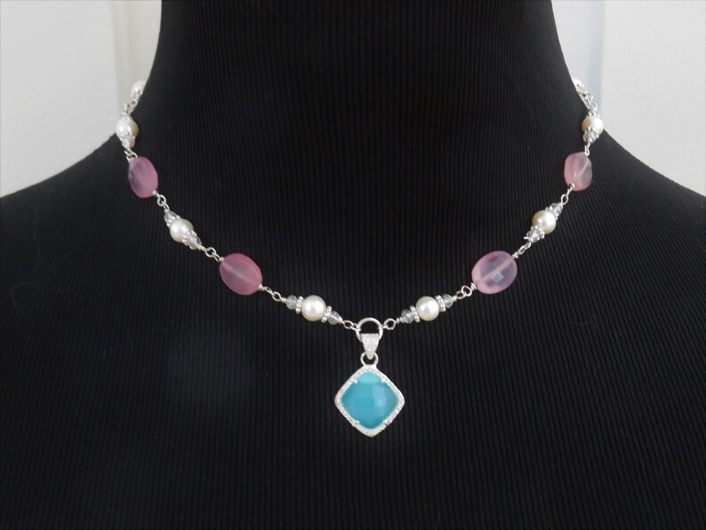 N554 Sterling Silver Chalcedony /& Freshwater Pearl Pendant Necklace; Wire Wrapped Bead Links; Translucent Faceted Blue Purple; Adjustable