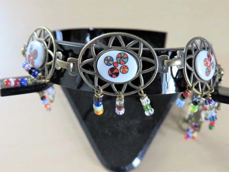 B455 Unique Filigree Glass Fringe Link Bracelet Vintage Oval Mod White Colorful Design Gold Seed Fold Over Boho Gypsy Cutout Dangle Fun Mix