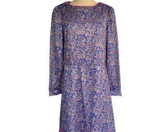 Vintage 70s Paisley Maxi Dress: Blue & Pink Long Sleeve, L/XL