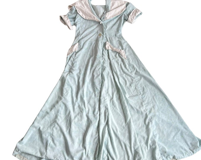 Vintage House Robe Dress Large Light Blue Floral Big White Collar ...