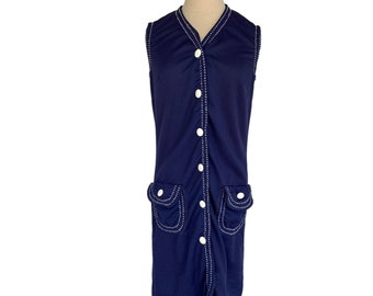 Vintage 70s dress Carol Brent navy blue white stitching plastic button up v neck sleeveless mod style shift boxy medium at knee length