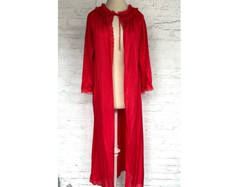 Vintage Red Nylon Robe: Glencraft Lingerie, Ruffle Lace Collar, Small