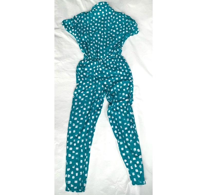 Vintage 80s jumpsuit by Krash short sleeve Medium 6 shoulder pads button up blue green white dotted squares grid one piece 1980s rayon