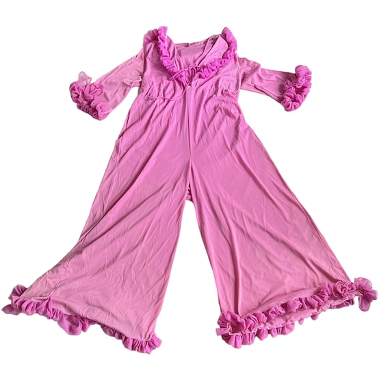 Vintage jumpsuit pajamas pjs Large pink nylon ruf… - image 1