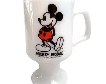 Mickey Mouse milk glass mug Walt Disney Productions pedestal d handle coffee cup 1980s 80s retro drinkware mugs cups white