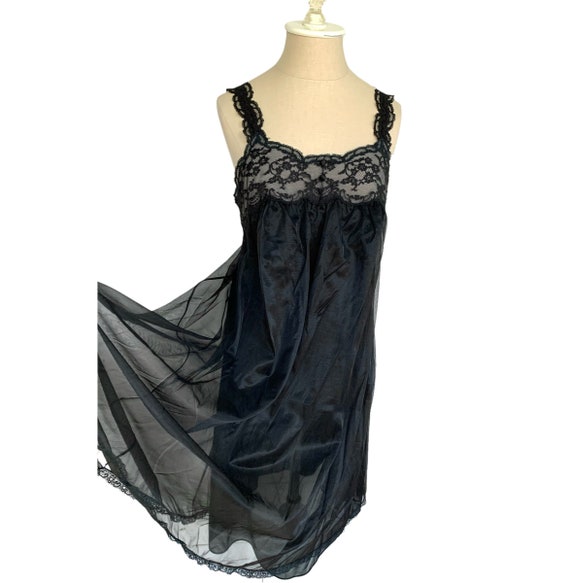 Vintage Nightie Sleep Dress Warners 60s 70s Black Sheer Chiffon Layered  Overlay Lace Sleeveless Lingerie Size 34 Babydoll Top USA 
