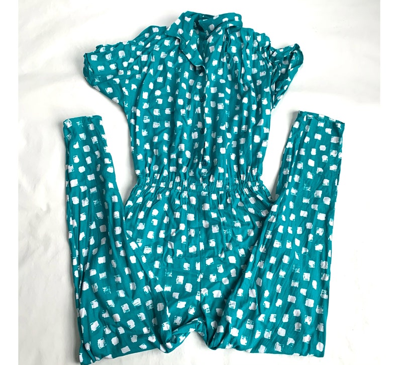 Vintage 80s jumpsuit by Krash short sleeve Medium 6 shoulder pads button up blue green white dotted squares grid one piece 1980s rayon