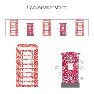 May include: A digital download pattern for a red and white floral patterned British telephone box. The pattern is called "British Sew-A-Row".