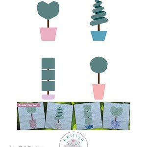 Könnte beinhalten: Ein digital herunterladbares Muster für einen Quiltblock mit vier verschiedenen Topiary-Designs. Die Designs umfassen ein Herz, eine Spirale, eine Säule und eine runde Form. Der Quiltblock trägt den Titel "Topiary Garden".
