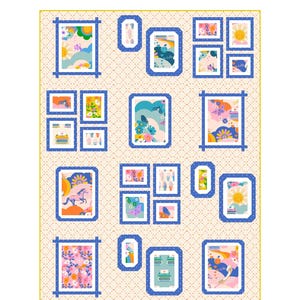 Könnte beinhalten: Ein Quiltmuster mit dem Titel "Gallery Wall" von Lou Orth Designs. Das Design zeigt eine Sammlung gerahmter Kunstwerke mit farbenfrohen Illustrationen von Blumen, Schmetterlingen und Sonnen. Das Muster ist für mehrere Größen und ist für Fortgeschrittene.