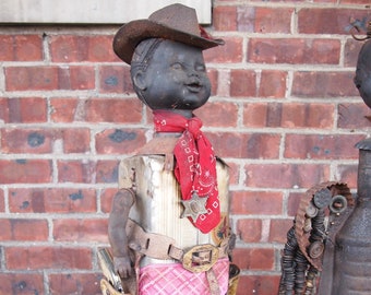 TECUMISH MUNHAKE Assemblage SCULPTURE 32" Cowgirl Cowboy Baby Figure, Horse Guns Boots Folk Outsider Art brut black african modern eames era