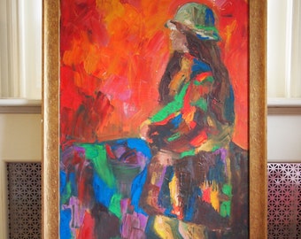 Vintage IRWIN TOUSTER Portrait Figural PAINTING 41x23" Oil / Canvas, Woman Impasto Mid-Century Modern Art expressionist eames era colorful