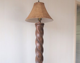 Vintage 1980s SPIRAL TWIST Column Plaster Floor LAMP 63" High, Bronze Wood Tone, Bird Finial, Post-Modern Mid-Century Modern eames era