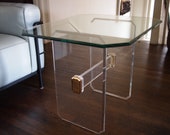 1980s LUCITE Base SIDE End Coffee TABLE 26x22 quot Glass Top 21 quot high, Memphis Mid-Century Modern Postmodern Bauhaus eames knoll pace collection