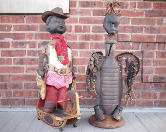 TECUMISH MUNHAKE Assemblage SCULPTURE 34" Angel Figure Statue, Metal Buttons Wings, Folk Outsider Art brut black african modern eames era