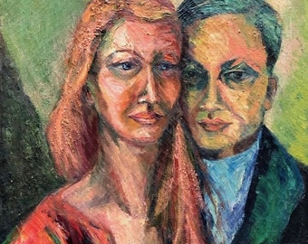 Original Vintage 1967 PORTRAIT PAINTING 32x20" Oil / Canvas Couple Man Woman Abstract Mid-Century Modern Art impasto expressionist eames era