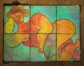 Rare Vintage Custom FIGURAL MOSAIC Ceramic Tile Top Side Coffee TABLE, 31x23 quot top, Industrial Metal Base, Mid-Century Modern eames knoll era