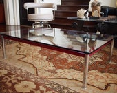 CASSINA Le Corbusier Low COFFEE TABLE, 31x47 quot Glass Top, 13 quot H, Red Frame Chrome Legs, Mid-Century Modern danish knoll eames era noguchi
