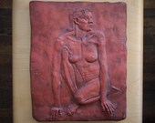 Large TERRACOTTA WALL PLAQUE w Female Nude Relief, Modern folk art outsider brut primitive italian sculpture portrait clay ceramic tile