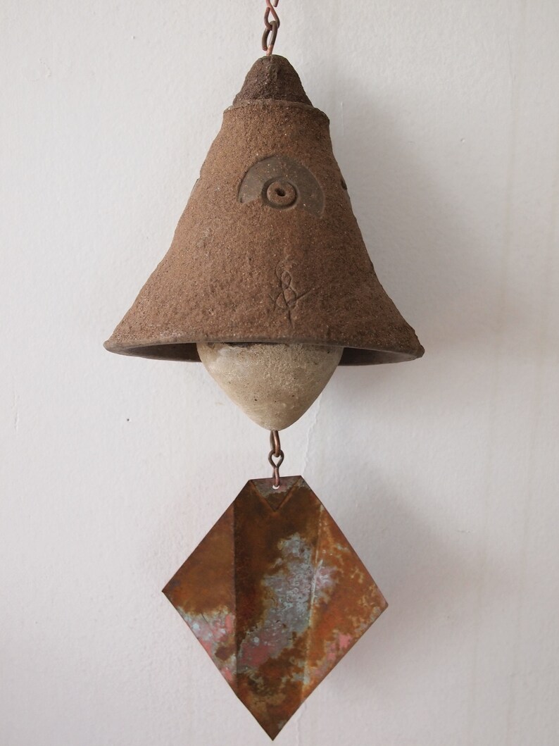 Vintage PAOLO SOLERI Ceramic BELL Wind Chime, 4.5 Cone Abstract Design Clay Copper Mid-Century Modern Art sculpture Italian eames knoll era image 2