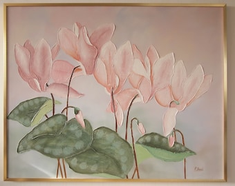 Vintage R. ATKINS PAINTING of CYCLAMEN Flowers 40x50" Oil / Canvas Large Impasto Expressionist Realist Pastel, Mid-Century Modern Art eames