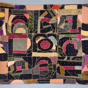 Vintage CRAZY QUILT BLANKET 70x80" Large Abstract Patchwork Design, Wall Hanging Fabric Textile, Mid-Century Modern craft folk art eames era