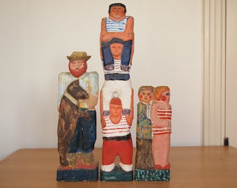 Group 3 FRED GERBER Hand-Carved Wood SCULPTURE 17" Polychrome Figures Man Woman Couple Dog Portrait Modern Folk Outsider Art vintage eames