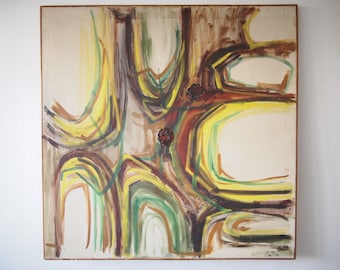 Original Vintage BETTE HAMILTON Abstract PAINTING 36x36" Oil / Canvas, Large Square Expressionist Art, Mid-Century Modern eames knoll era