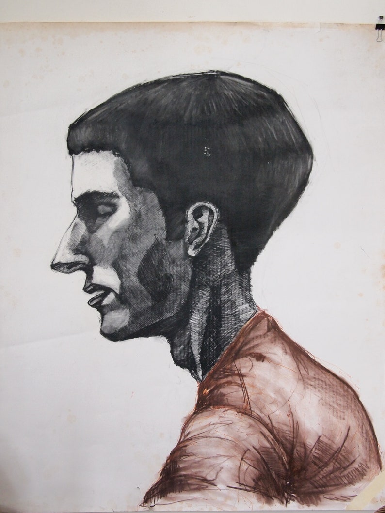 Original Vintage LARGE PORTRAIT DRAWING Man Profile 40x34 Paper Ink Charcoal Expressionist Mid-Century Modern Art painting eames era image 2