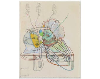 Original 1973 PETER SENGL Surrealist DRAWING 22x17" Mixed Media / Paper, Mid-Century Modern Art Futurism Sci-Fi Portrait vintage eames knoll