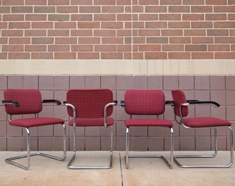 Set of 4 KNOLL CESCA Arm CHAIR Armchair, Red Checkered Woven Wool, Black Lacquer, Marcel Breuer Mid-Century Modern Bauhaus danish eames era