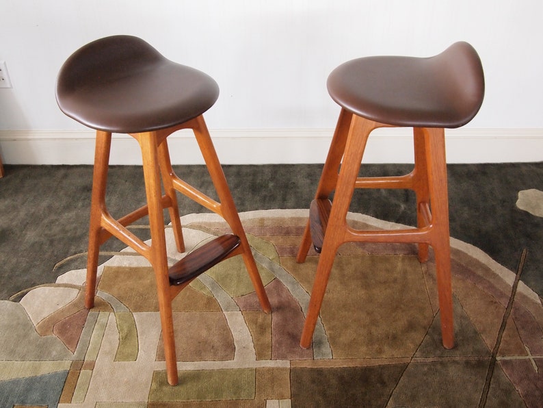 Pair 2 Vintage ERIK BUCH Model 61 Bar STOOL Barstool Teak Rosewood, Brown Vinyl, O.D. Mobler Danish Mid-Century Modern Eric Buck eames era image 1