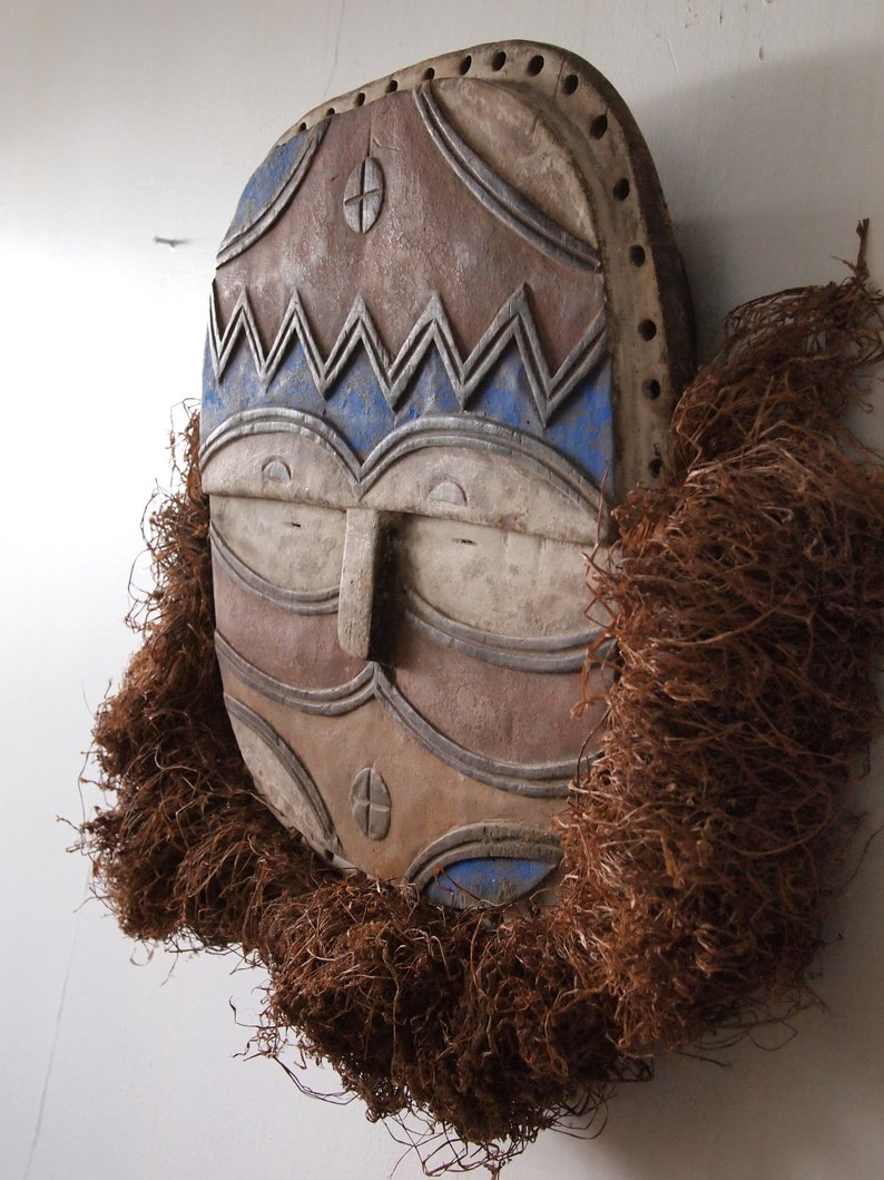 Vintage BATEKE Carved WOOD Dance Wall MASK 14 Raffia Beard African Art Sculpture Congo, mid-century modern tribal folk art eames knoll era image 6