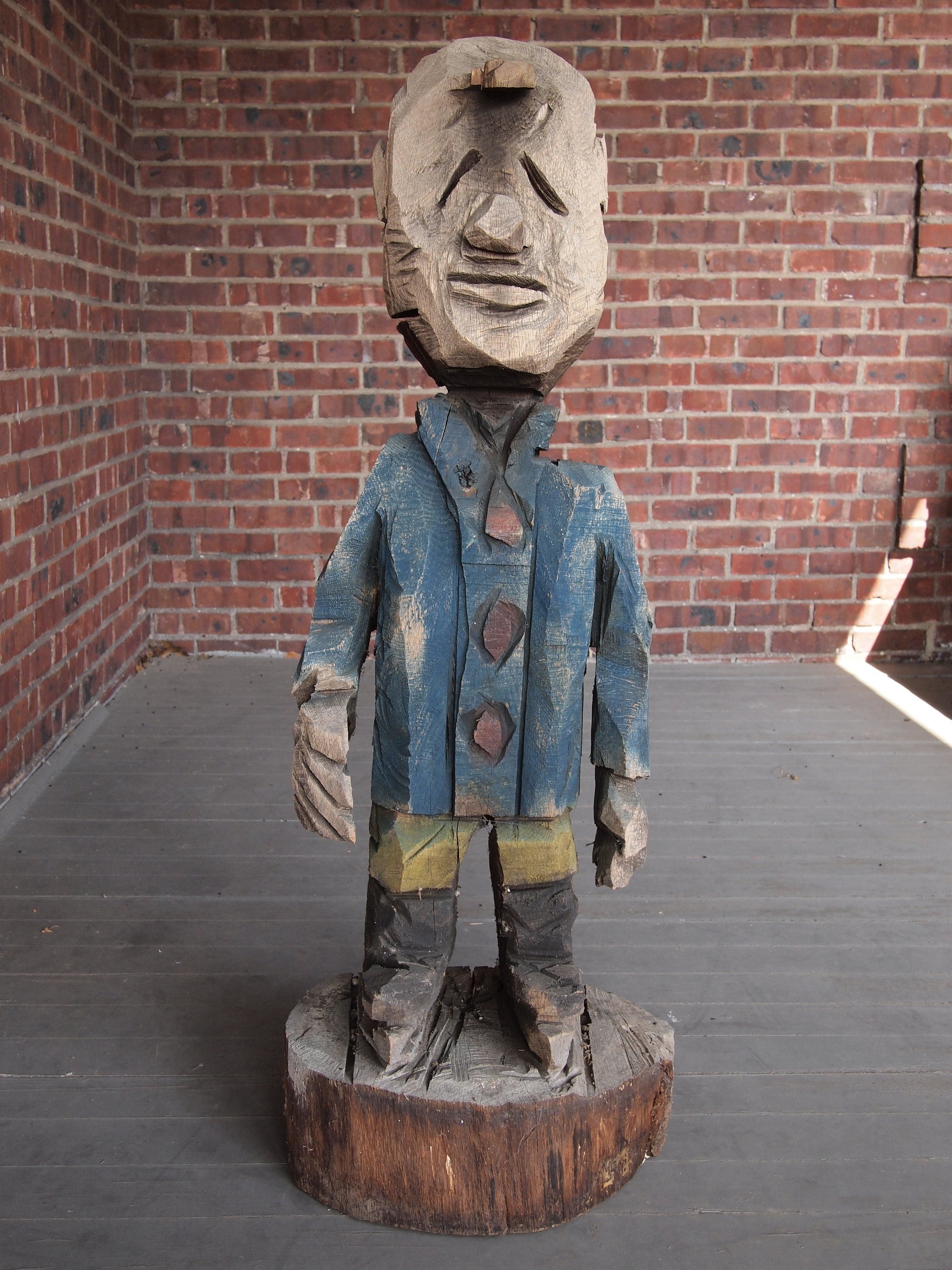 Outsider Art Wood Sculpture With Geometric Appliques | Chairish