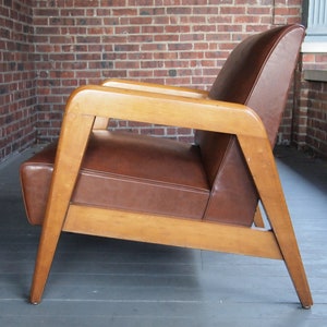 Russel WRIGHT LOUNGE Arm CHAIR Armchair, Maple Wood Frame, Brown Leather-Like Vinyl, Mid-Century Modern thonet danish eames knoll risom era image 4