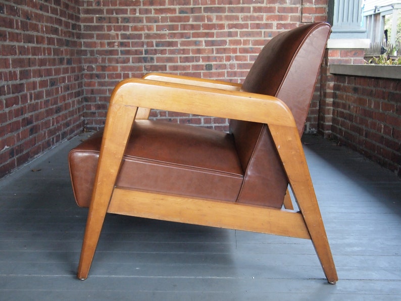 Russel WRIGHT LOUNGE Arm CHAIR Armchair, Maple Wood Frame, Brown Leather-Like Vinyl, Mid-Century Modern thonet danish eames knoll risom era image 4