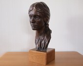 Original Vintage 1972 HARVEY SCHOR BUST Female Woman Girl, 20 quot High, Plaster Bronze Wood Mid-Century Modern art sculpture portrait eames era