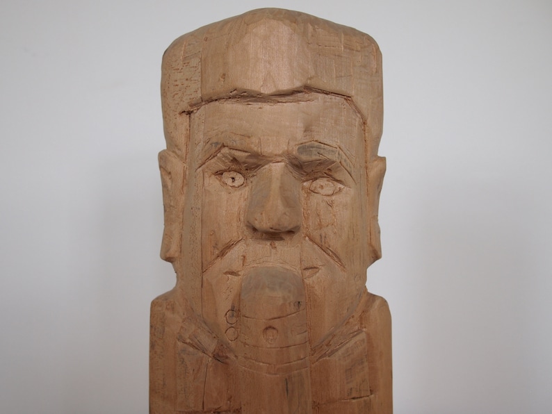 12 High FRED GERBER Hand-Carved Wood SCULPTURE Phallic Man Bust Portrait Carving Modern Folk Outsider Art Brut wooden eames era