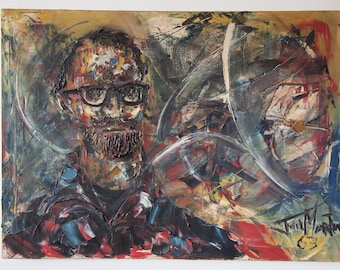 Original 1963 JOEL MARTIN Portrait PAINTING 28x38" Oil / Canvas, Impasto Expressionist Man Glasses Mid-Century Modern Art abstract eames era