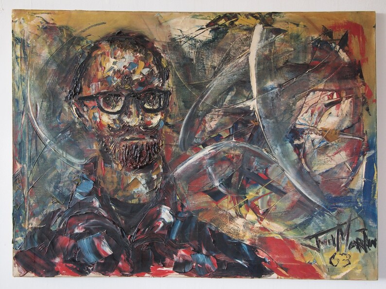 Original 1963 JOEL MARTIN Portrait PAINTING 28x38 Oil / Canvas, Impasto Expressionist Man Glasses Mid-Century Modern Art abstract eames era image 1