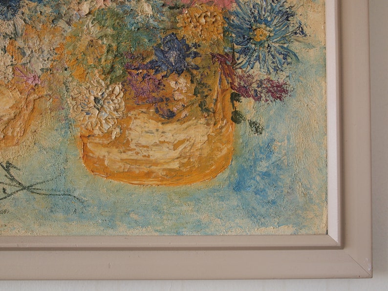 Original Vintage IMPASTO FLOWERS PAINTING 17x21 Oil / Canvas, Impressionist Expressionist Abstract Mid-Century Modern Art eames knoll era image 5