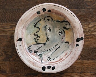 Original RON MEYERS Ceramic RAT Plate, 10" Dia. Studio Pottery Dish Abstract Mid-Century Modern rodent possum wolf cartoon eames era